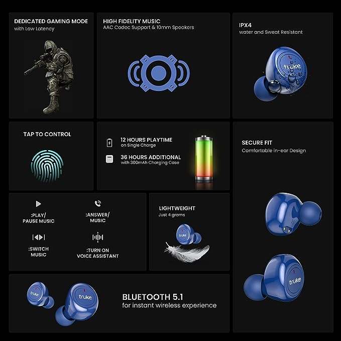 truke Fit 1+ True Wireless Earbuds with Dedicated Gaming Mode, 30H of Playtime Touch Control, Low Latency, BT 5.1, 10mm Driver Deep Bass (Blue) truke Fit 1+ True Wireless Earbuds with Dedicated Gaming Mode, 30H of Playtime Touch Control, Low Latency, BT 5.1, 10mm Driver Deep Bass (Blue)
